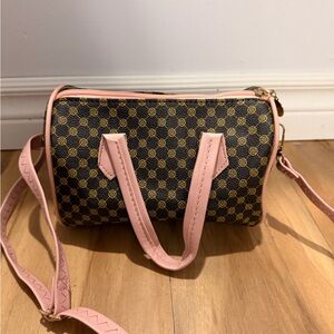 Brown Patterned Crossbody Bag with Pink Trim